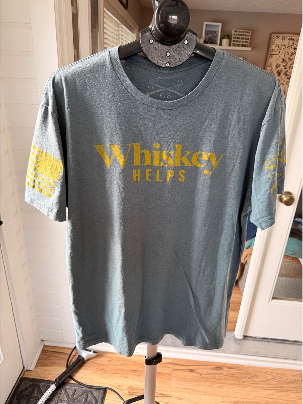 GS Whiskey Helps Graphic T-Shirt Unisex Medium Blue with Yellow Print